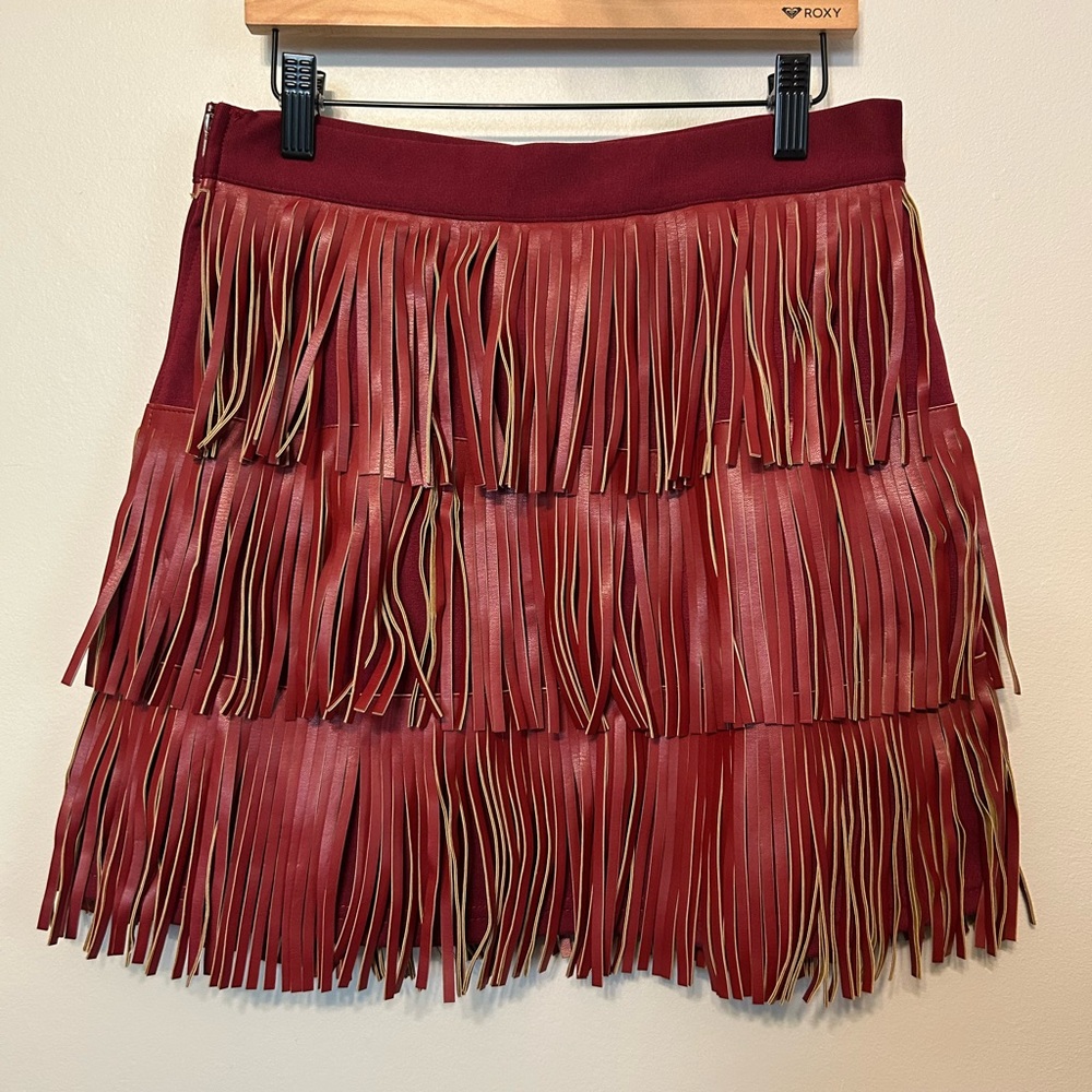 Impressions Burgundy Fringed Mini Skirt Festival Edgy Western